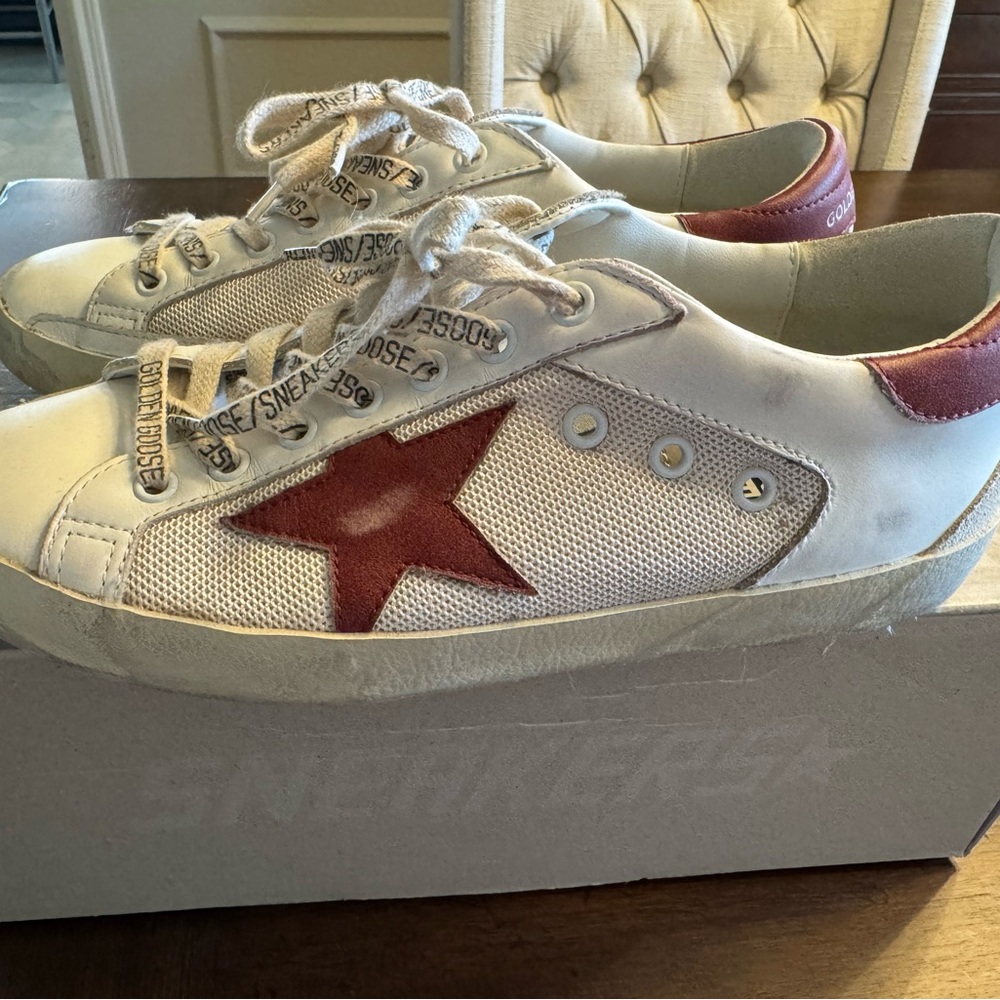 Golden Goose White and Red Sneakers